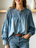 Retro Floral Hollow Lace Denim Patchwork Loose Art Casual Long Sleeve Shirt
