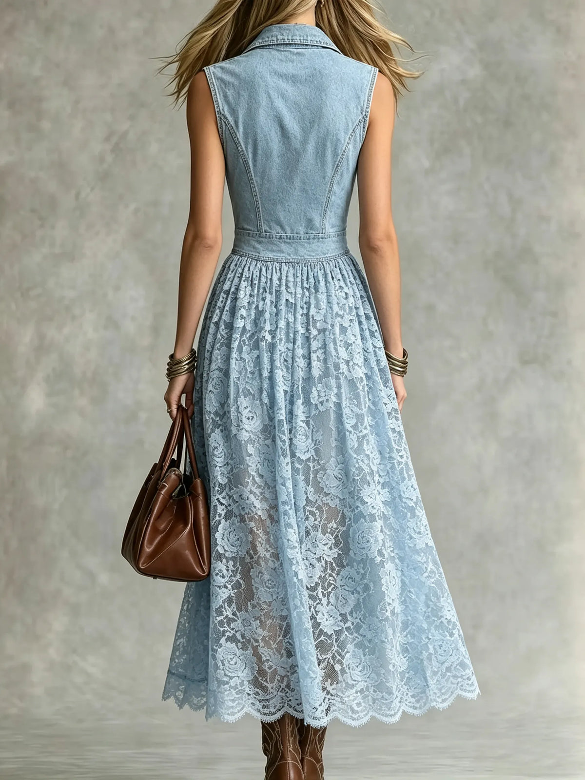 Women's Sleeveless Denim Lace Midi Dress