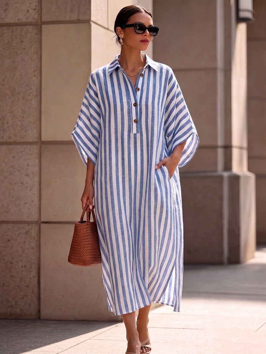 Elegant And Relaxed Striped Cotton-linen Dress With Batwing Sleeves