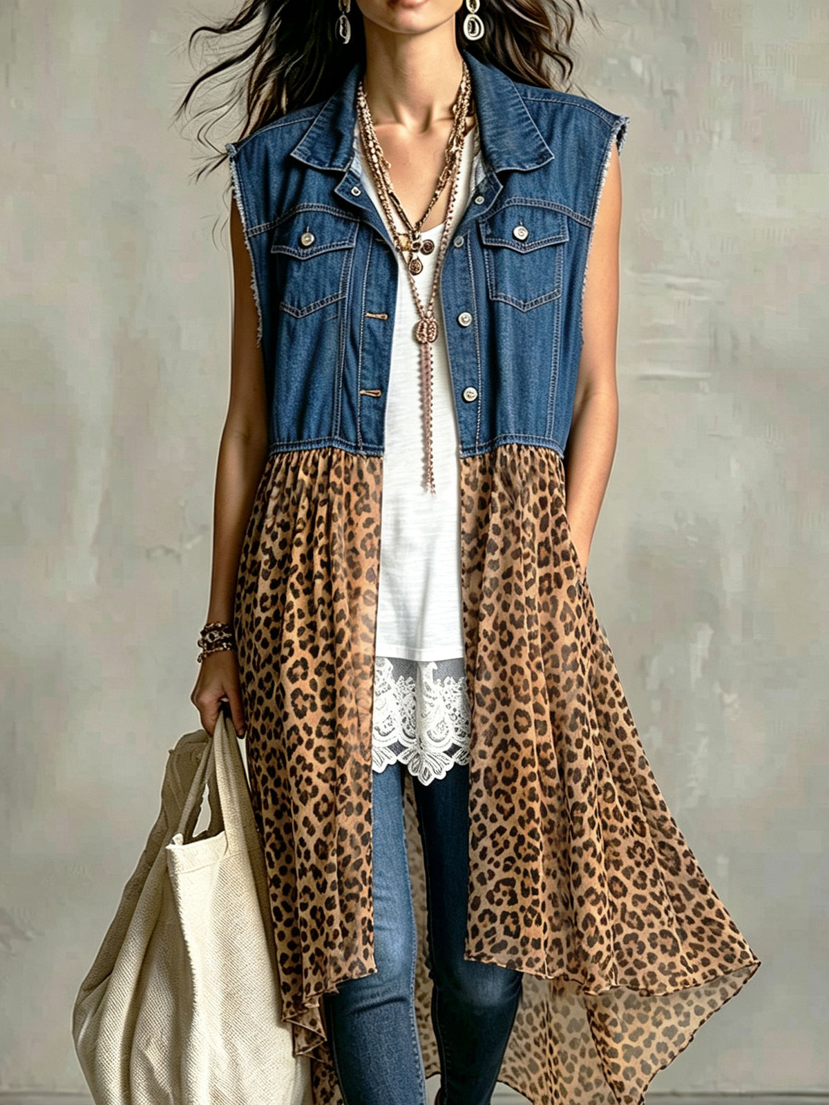 Women’s Denim Sleeveless Vest With Leopard Chiffon Long Hem Patchwork Cardigan
