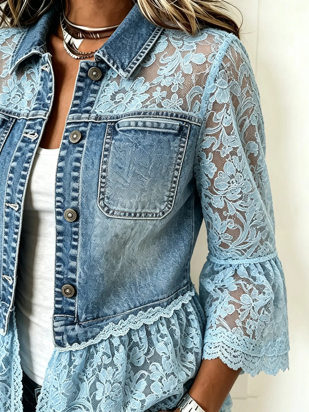 Women's Floral Lace Spliced Denim Short Jacket