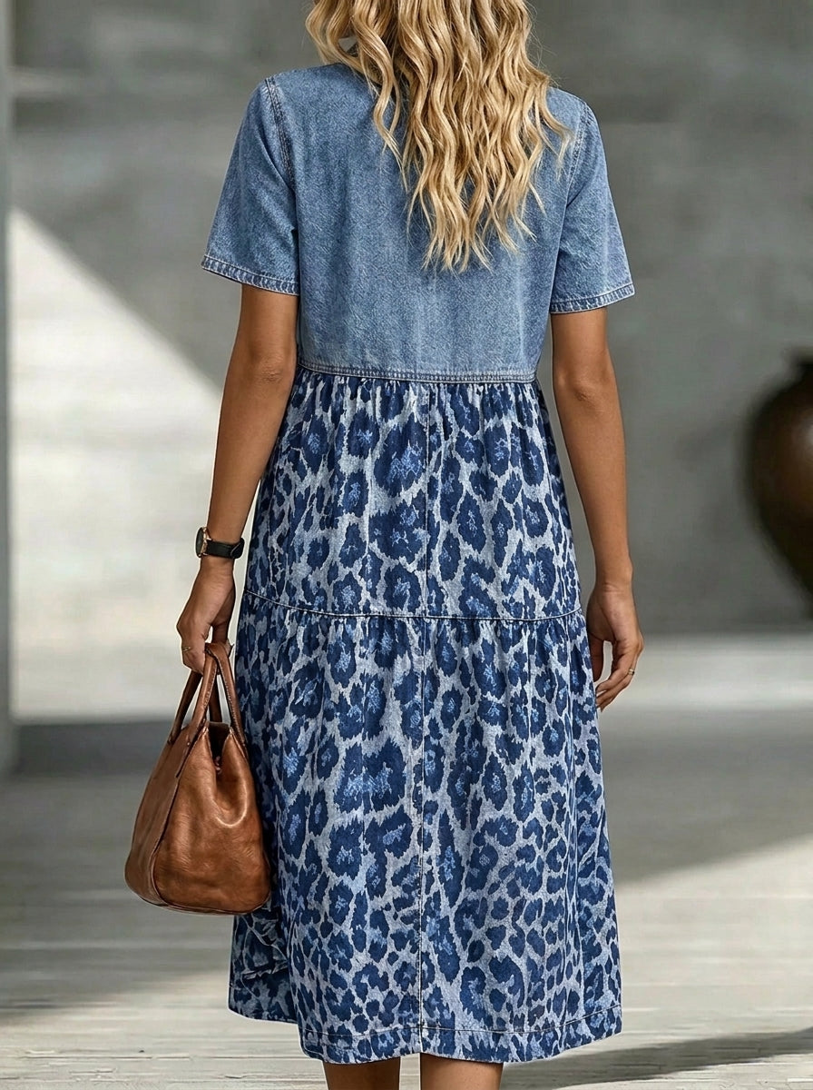 Women’s Leopard Print Patchwork Tiered Short Sleeve Denim Shirt Midi Dress