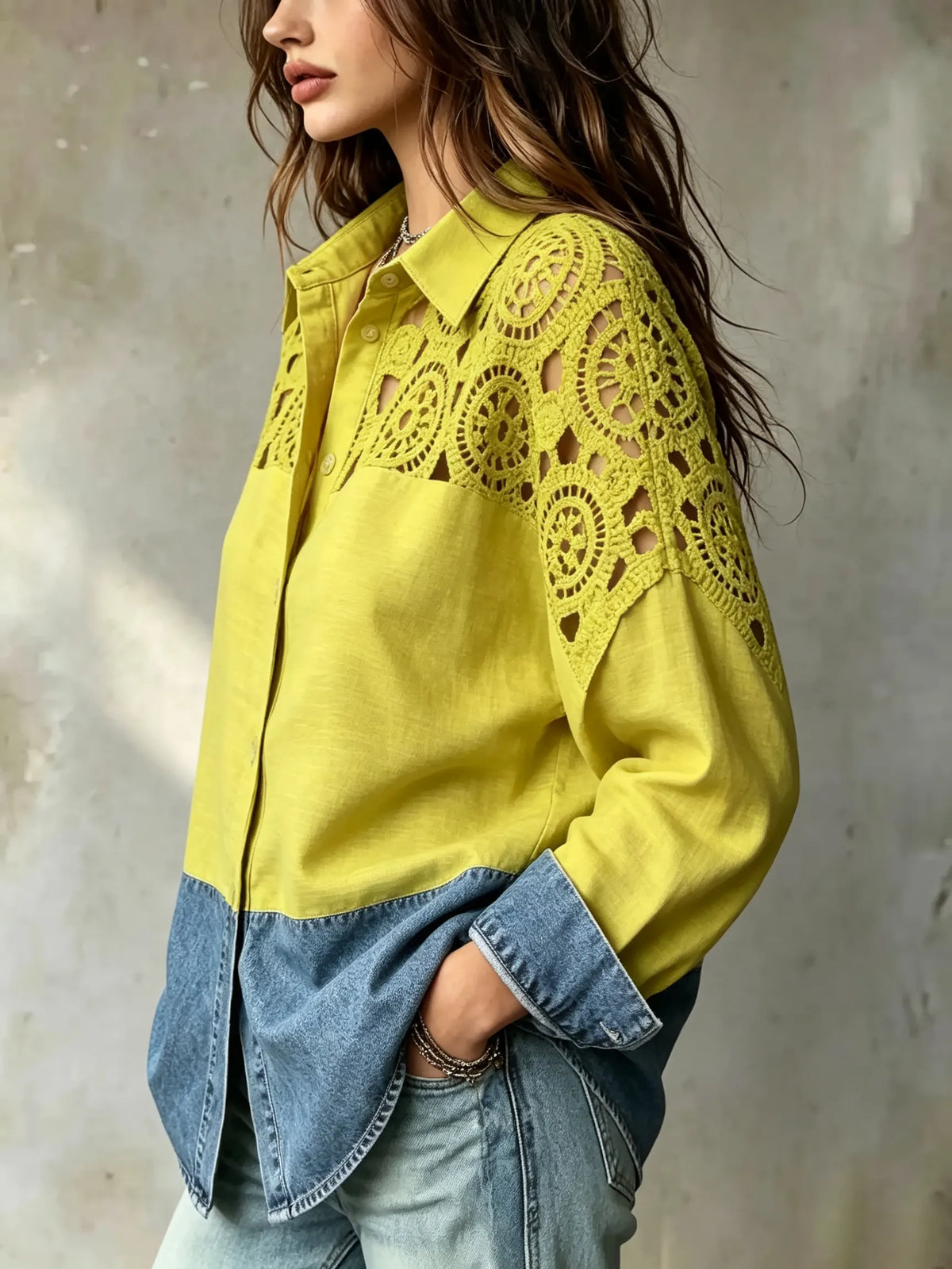 Women's Crochet Spliced Denim Hem Long Sleeve Shirt