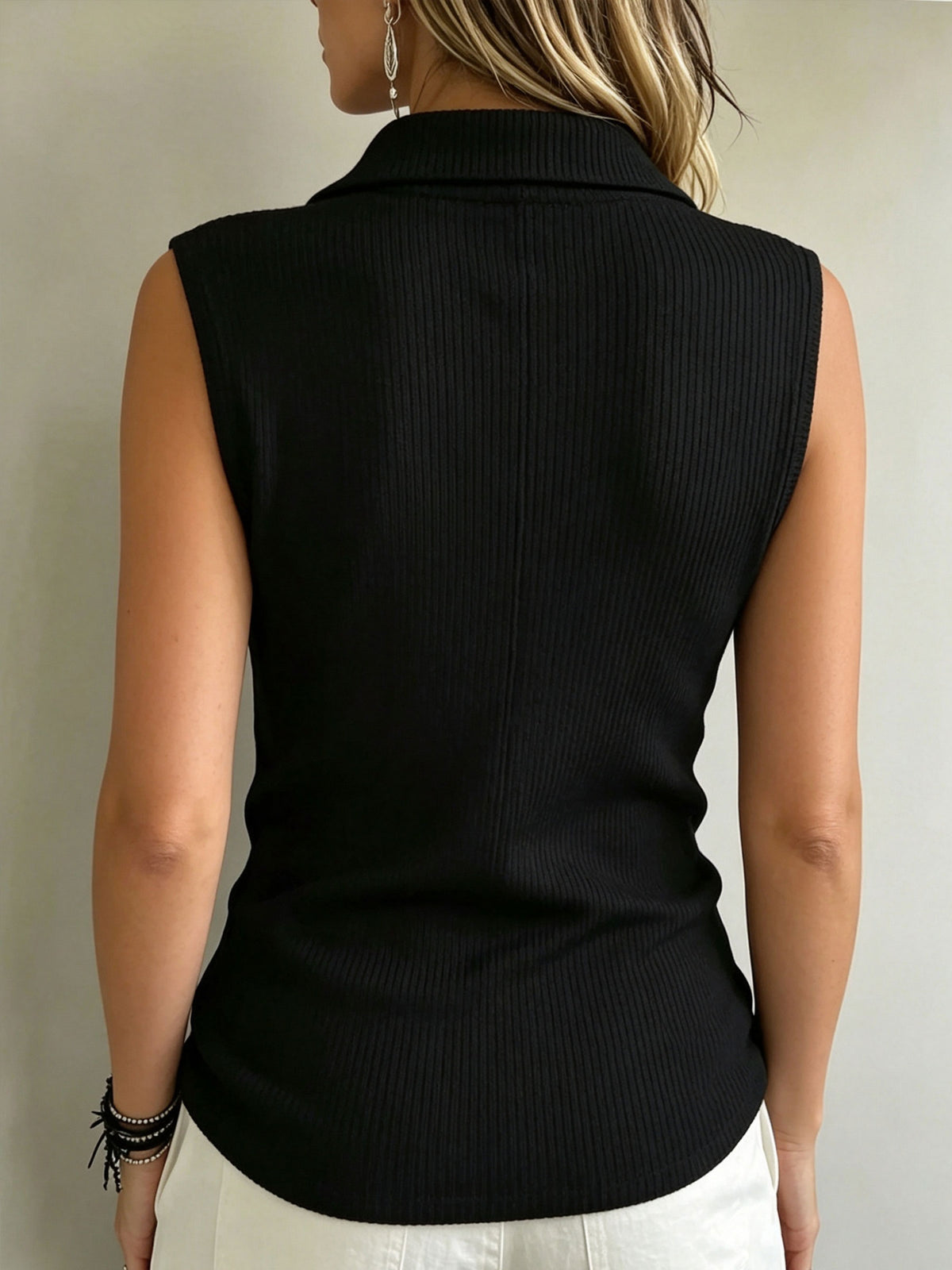 Women’s Collared Ring Half Zip Ribbed Sleeveless Polo Tank Top