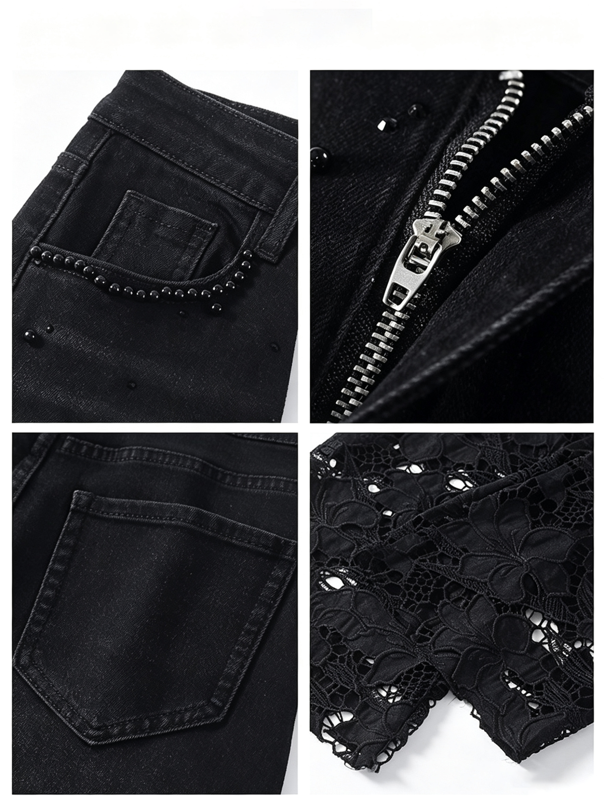 Women's Loose-fit, Straight-leg Jeans Featuring Black Lace Cutouts And Bead Embellishments For A Slimming Look