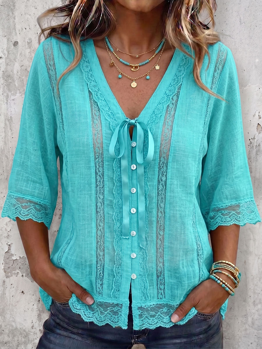 Vintage Art Comfortable Fabrics Cotton Linen Blend Patchwork Lace Shirt