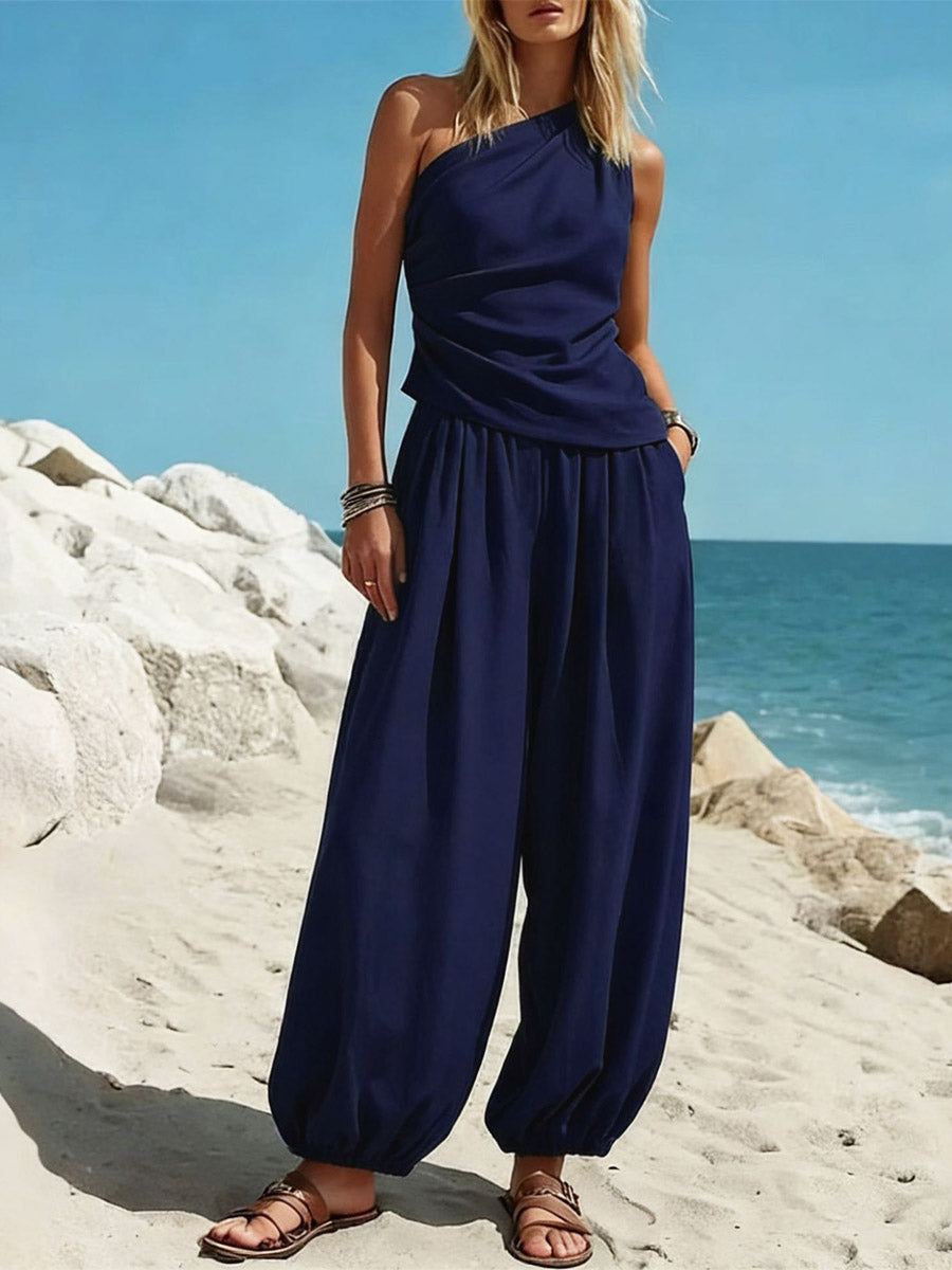 Women's Off-shoulder Art Casual Top And Pants Two-piece Set