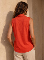 Women's Collared Half Button Sleeveless Cotton Linen Tank Blouse