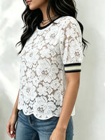 Women's Sheer Floral Lace Striped Trim Top