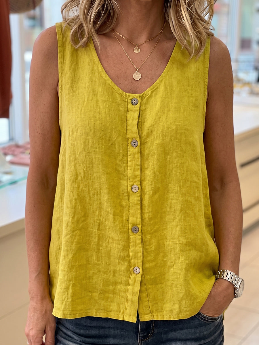 Cozy Button-front Cotton-linen Sleeveless Top