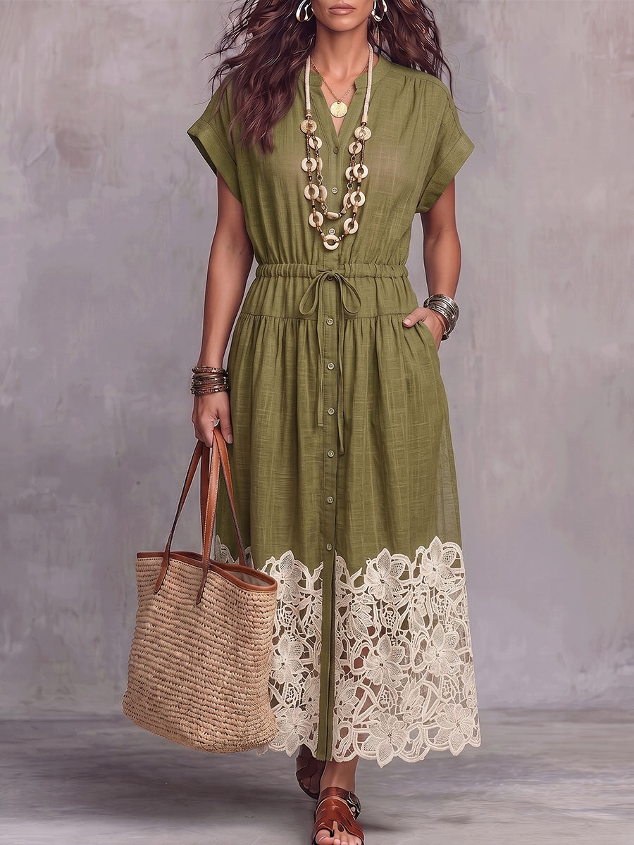 Vintage Elegant Cotton Linen Cut-Out Lace Patchwork Dress