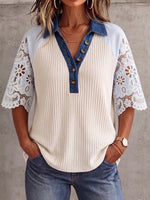Vintage Elegant Knitting Patchwork Embroidered Cut-Out Sleeve Shirt