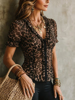 Women's Leopard V-Neck Fitted Short Sleeve Top