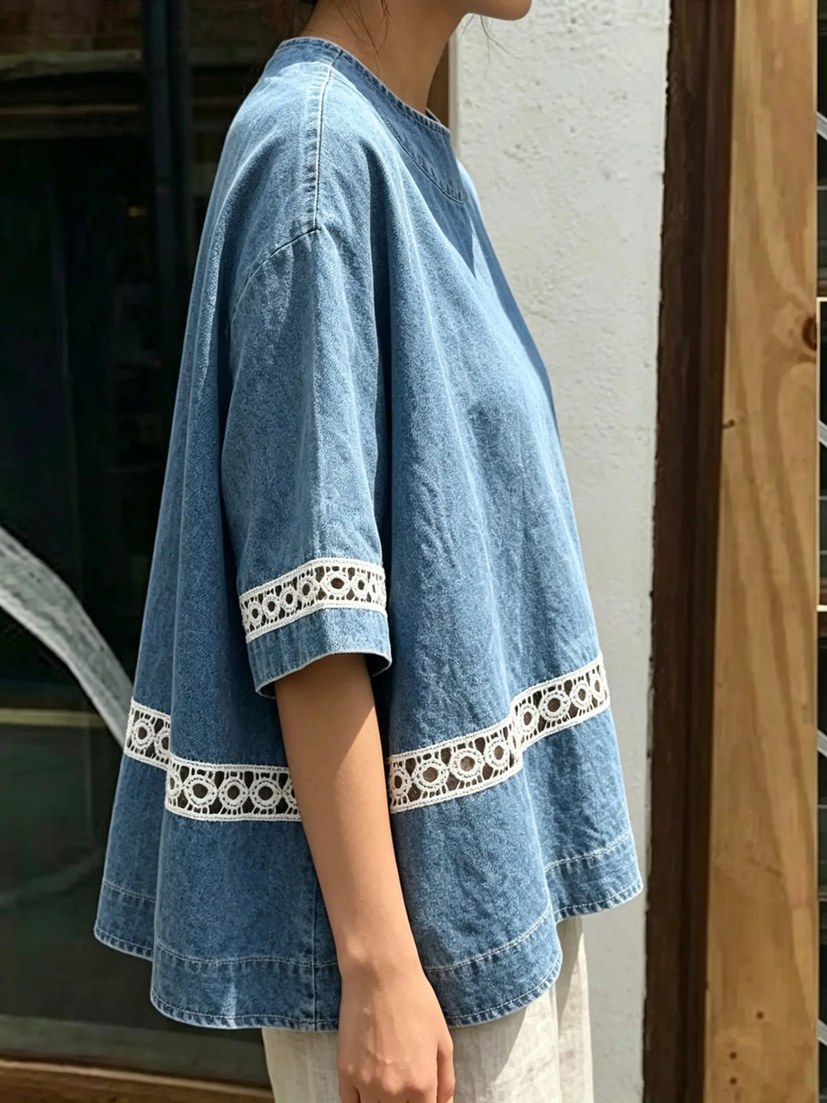 Women's Oversized Denim Lace Inset Top
