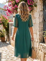 Women’s Short Sleeve V-neck Flowy Chiffon Midi Dress With Pockets