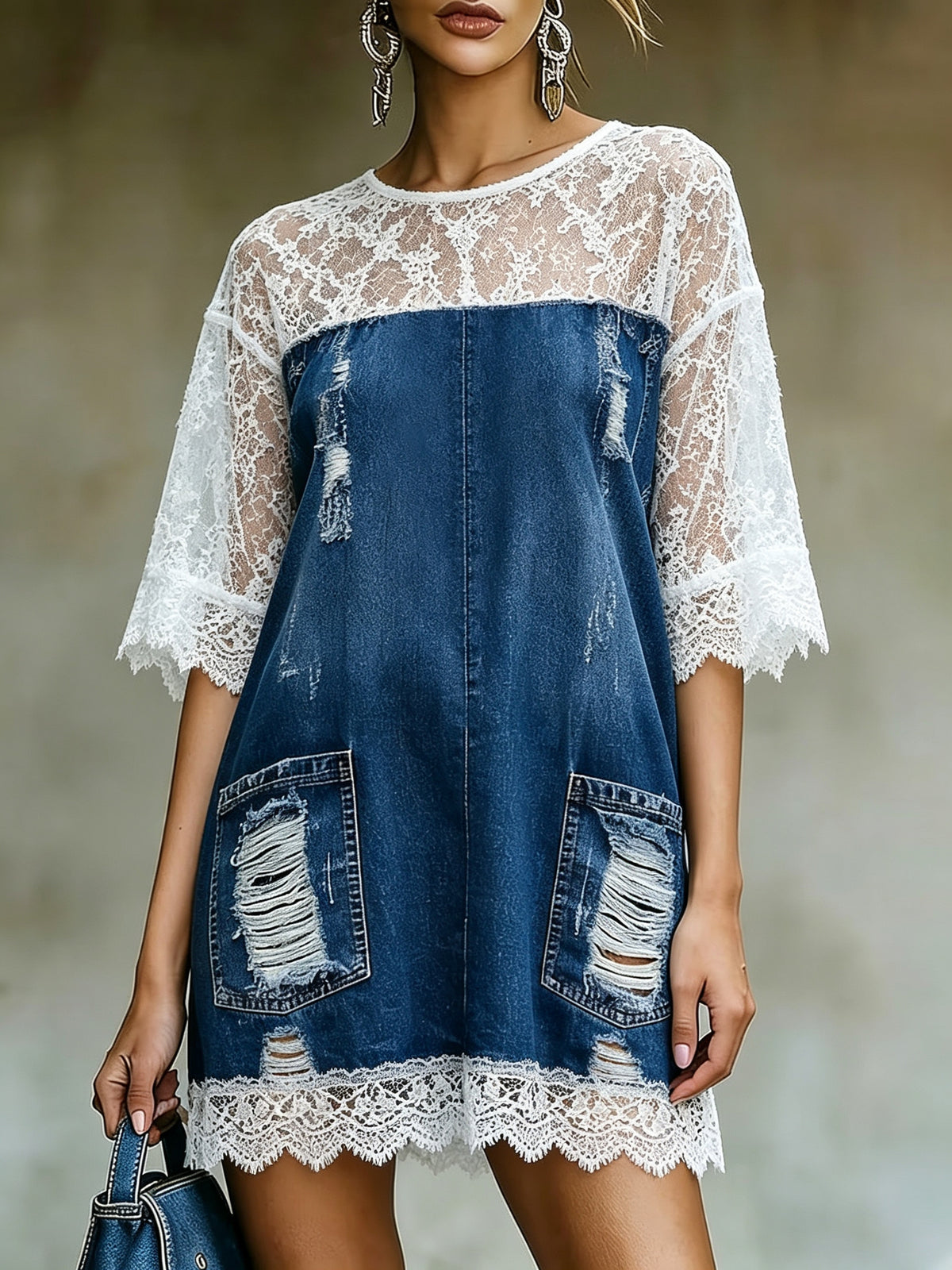 Women's Distressed Denim Lace-Sleeve Mini Dress