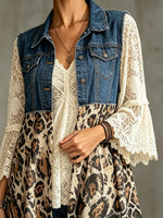 Women's Leopard Print Lace Spliced Long Denim Vest