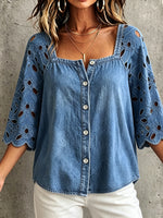 Boho-chic Floral Lace Square-neck Denim Shirt