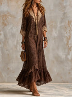 Women's Bohemian Floral Lace Ruffle Maxi Dress
