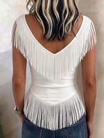 Women's Solid Color V-neck Short-sleeve Casual Loose Tassel Top
