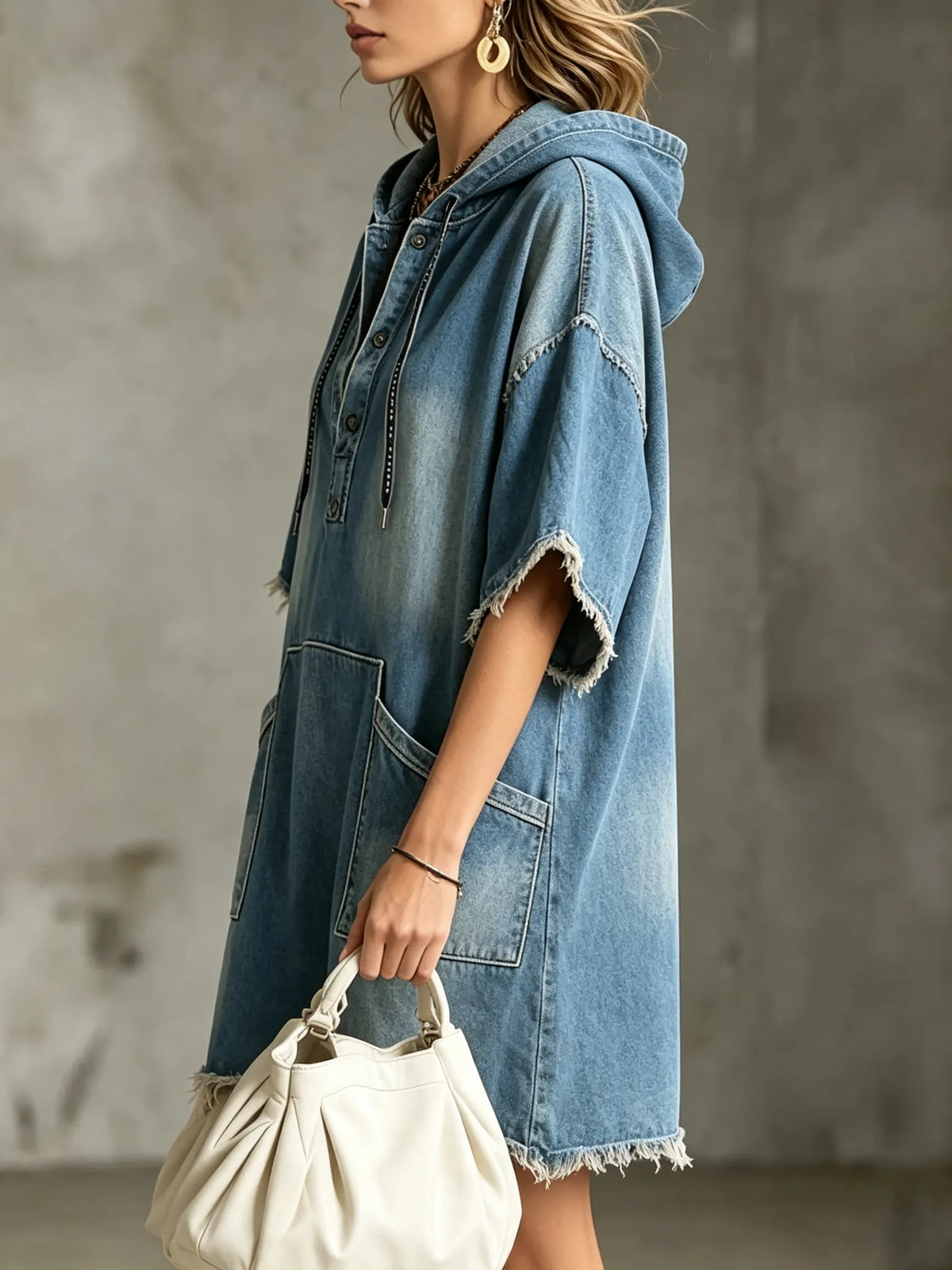 Women's Solid Washed Raw Edge Hooded Pocket Short Sleeve Denim Mini Dress