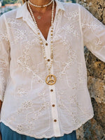 Women's Floral Embroidery Eyelet Half Sleeve Cotton Linen Shirt Blouse