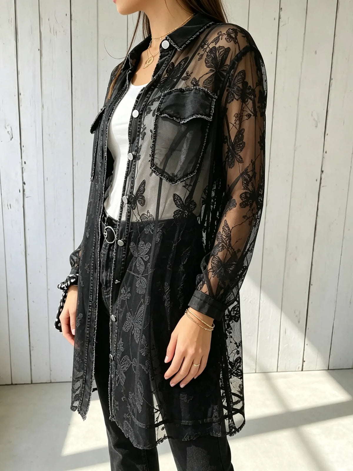 Women's Butterfly Lace Print Frayed Long Sheer Shirt Cardigan