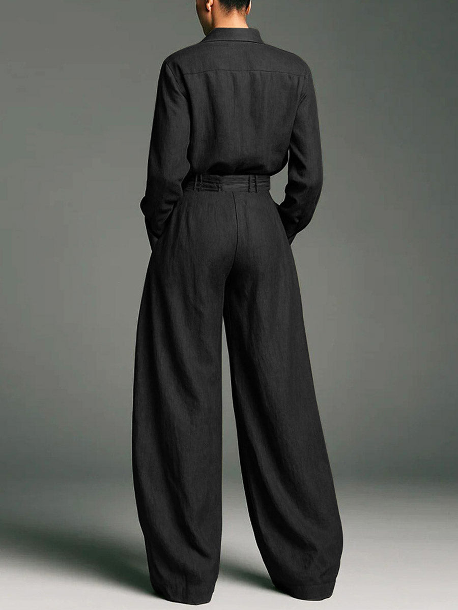 Women's Solid Color Art Casual Lapel Top And Pants Two-piece Set