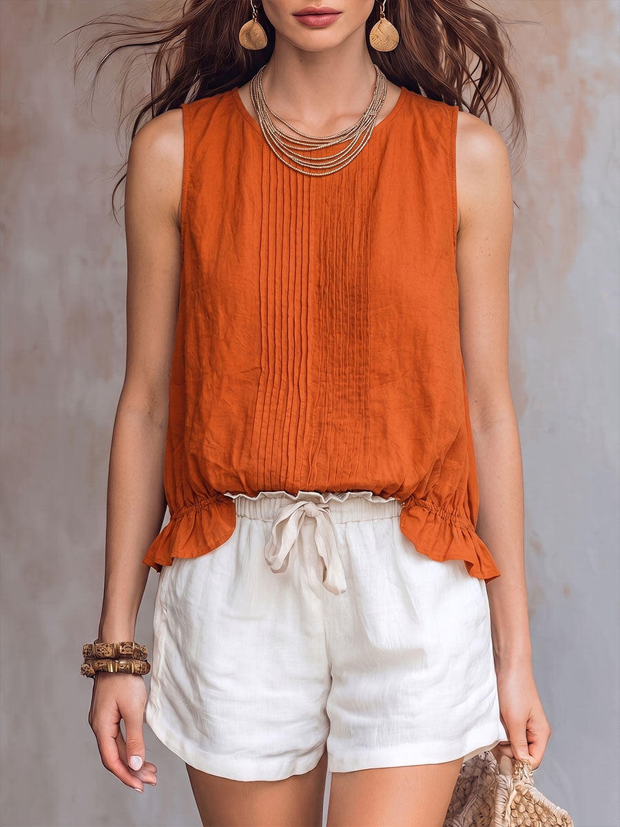 Women's Solid Color Crew Neck Sleeveless Casual Loose Pleated Cotton-linen Top