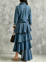 Women's Asymmetrical Ruffle Hem Art Casual Stylish Long Sleeve Maxi Denim Dress