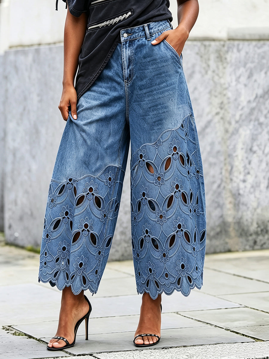 Chic Floral-embroidered Cropped Denim Pants