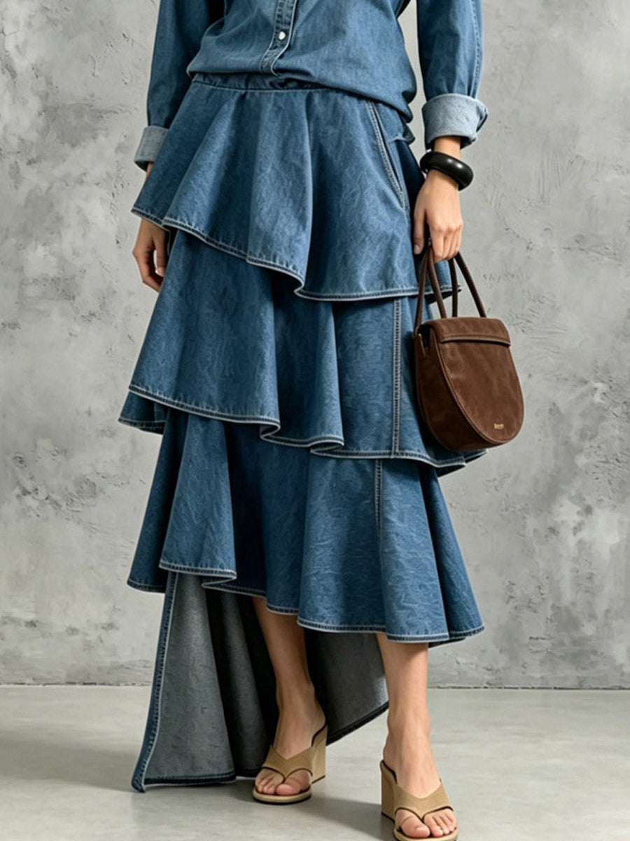 Women's Asymmetrical Ruffle Hem Art Casual Stylish Long Sleeve Maxi Denim Dress