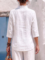 Women's Solid Color V-neck 3/4 Sleeve Casual Loose Cotton-linen Top