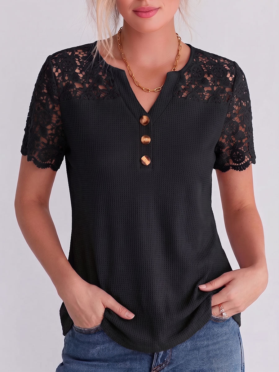 Women's Solid Color V-neck Waffle-knit Pullover With Lace Embroidery Panel – Casual Loose Fit