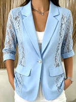 Women’s Lace Spliced 3/4 Sleeve Notched Lapel One Button Blazer Jacket
