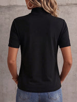 Women's Solid-color Stand-collar Short-sleeve Casual Loose Mesh-panel Top