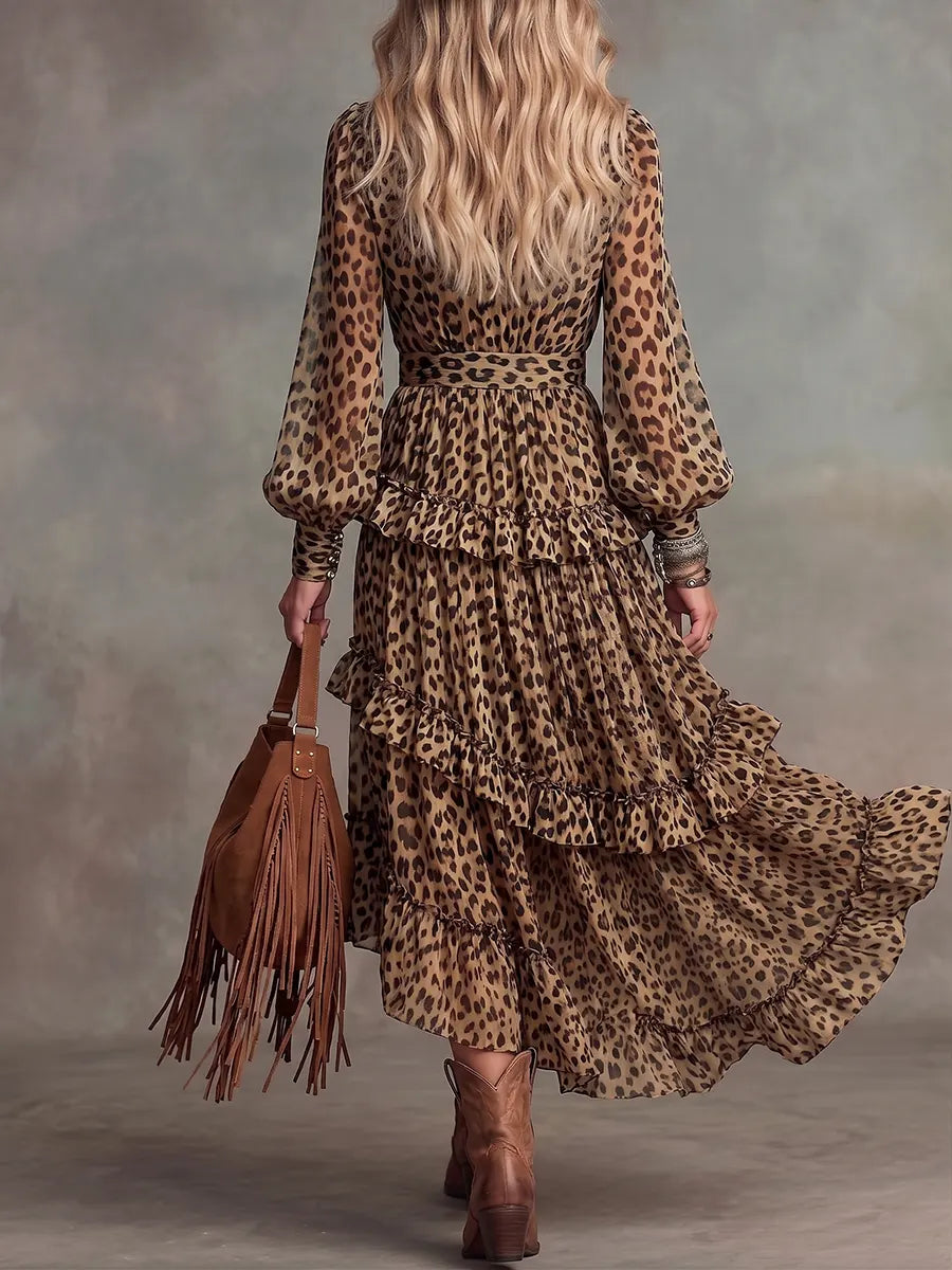 Bohemian Chiffon Leopard Print Ruffled Tiered Maxi Dress