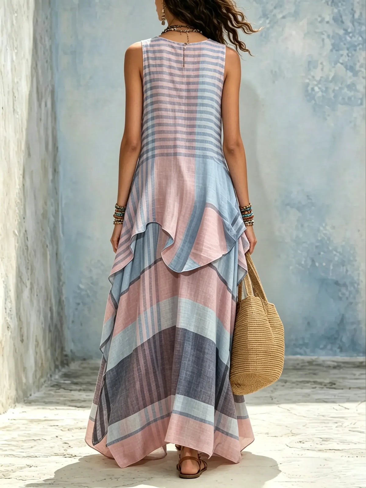 Women Pink Blue Contrast Horizontal Stripe Sleeveless Irregular Flowy Vacation Maxi Dress