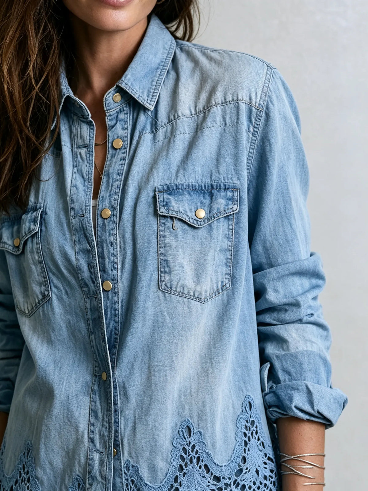 Women's Longline Lace-Trim Denim Shirt