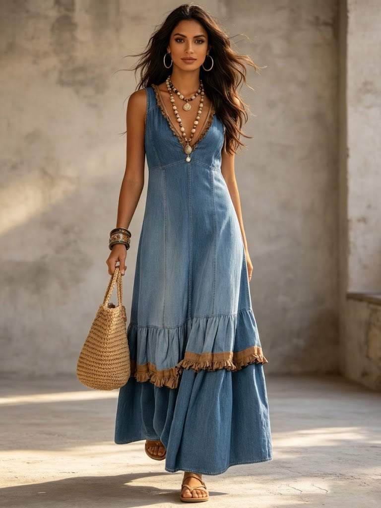 Casual Sleeveless Denim Dress With Ruffled Paneling
