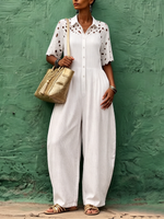 Elegant Vintage Floral Embroidered Patchwork Cotton Jumpsuit
