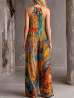 Women's Casual Loose V-neck Spaghetti Strap Jumpsuit With Retro Abstract Print