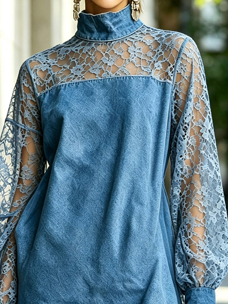 Denim & Lace Patchwork Hollow Loose Art Casual Stylish Long Sleeve Short Dress