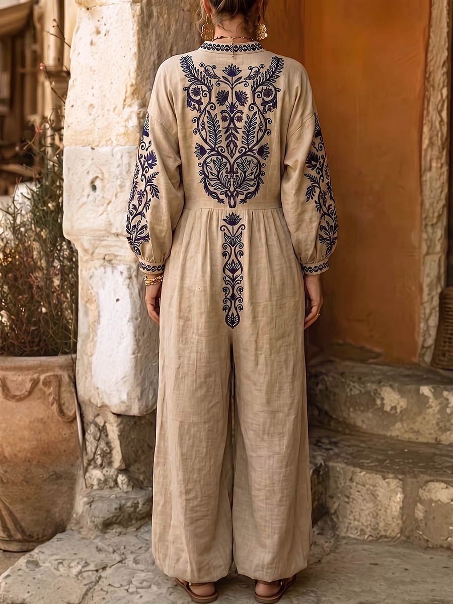 Women's Placement-print V-neck Long-sleeve Casual Loose Cotton-linen Wide-leg Jumpsuit