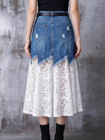 Women's High-waisted Denim And Lace A-line Skirt