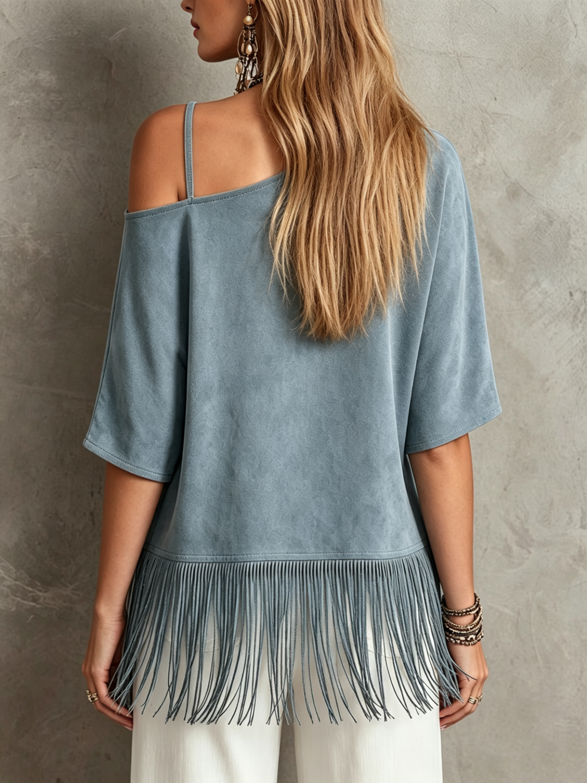 Loose-fit, Short-sleeved Faux Suede Top With An Asymmetrical Off-shoulder Neckline And A Fringed Hem
