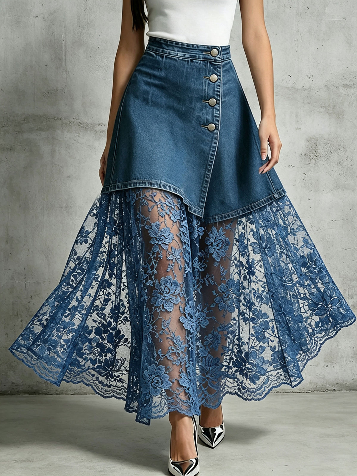 Women‘s Asymmetric Button Denim Overlay Floral Lace Maxi Skirt