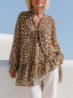 Women's Leopard Print V-neck Long-sleeve Loose Casual Chiffon Top