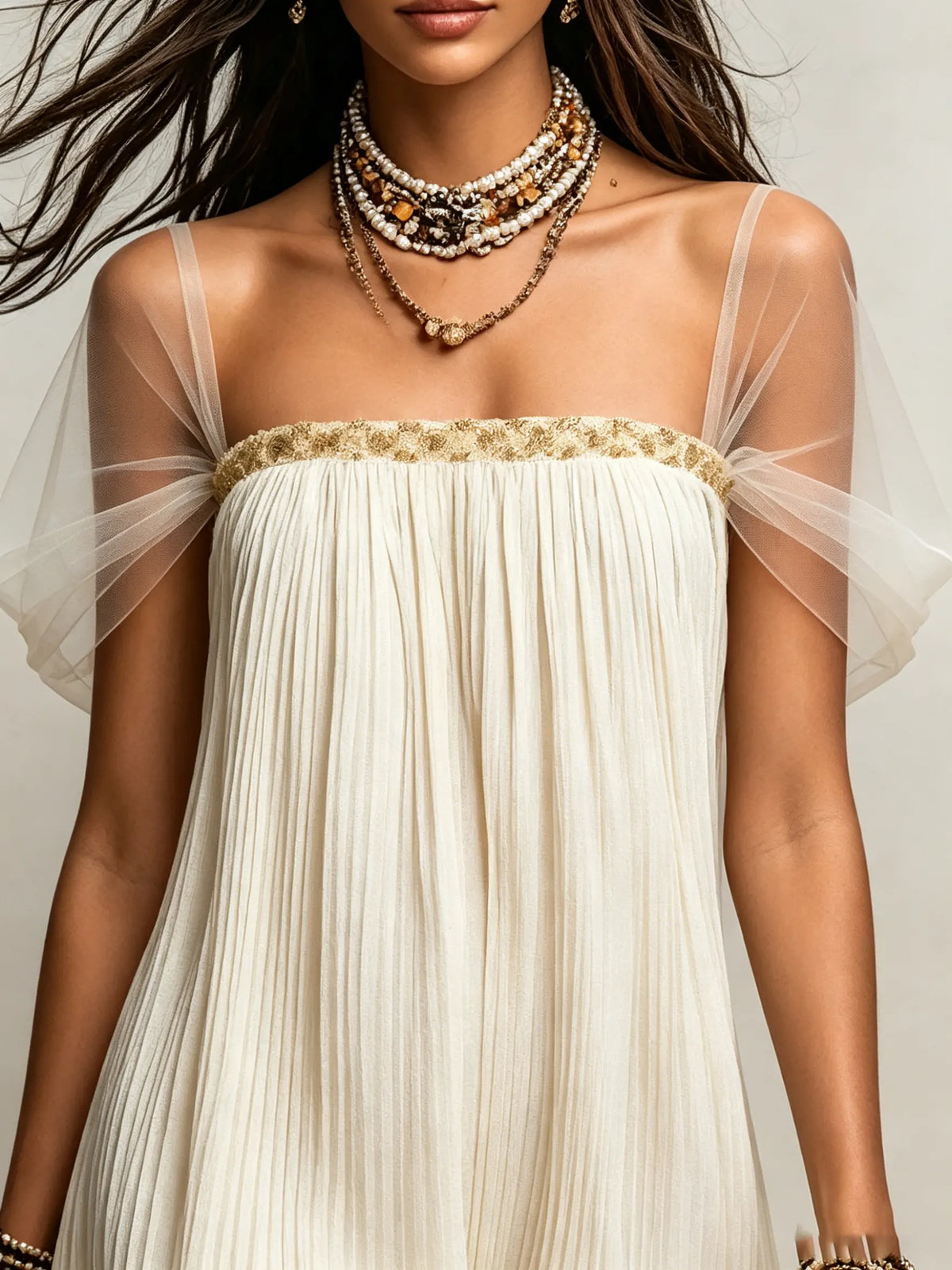Women's Pleated Sheer-Sleeve Ruffle Maxi Dress