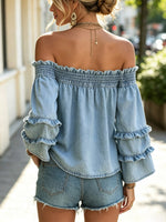 Retro Ruffle Off-shoulder Denim Loose Art Casual Stylish Chic Shirt